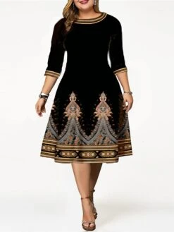 Women‘s Plus Size Curve Work Dress A Line Dress Floral Midi Dress 3/4 Length Sleeve Print Crew Neck Elegant Office Black Yellow Fall Spring L XL XXL 3XL 4XL