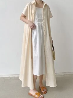 Women's Shirt Dress Casual Dress Maxi Long Dress Outdoor Daily Cotton Linen Basic Classic Shirt Collar Button Short Sleeve Summer Spring 2023 Loose Fit Navy Blue Brown Green Pure Color S M L XL XXL -Casual Print Dress Sales jsjzkb1688542119900