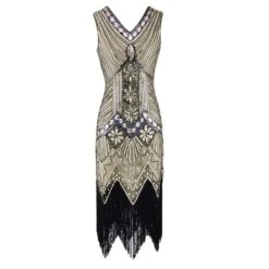 Women's Retro 1920s Fringe Dress Midi Dress Party Halloween Sequins Tassel Fringe Floral V Neck Sleeveless Regular Fit Spring Fall 2023 Black White S M L XL -Casual Print Dress Sales jsoemd1692610415755