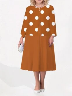 Women's Plus Size Curve Two Piece Dress Set Casual Dress Print Dress Outdoor Office Fashion Streetwear Print Midi Dress Crew Neck Long Sleeve Polka Dot White Yellow Fuchsia Fall Winter L XL XXL -Casual Print Dress Sales jtbdcf1692945883125