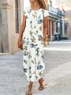 Women's Casual Dress Shift Dress Summer Dress Floral Butterfly Pocket Split Crew Neck Long Dress Maxi Dress Fashion Streetwear Outdoor Daily Short Sleeve Regular Fit White Red Navy Blue Summer Spring