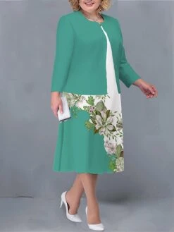 Women's Plus Size Two Piece Dress Set Casual Dress Print Dress Outdoor Office Fashion Streetwear Print Midi Dress Crew Neck Long Sleeve Floral Regular Fit Yellow Light Green Dark Pink Fall Winter L -Casual Print Dress Sales jtrjnd1693374465832