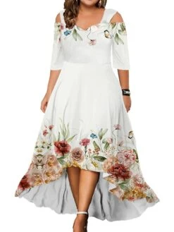 Women‘s Plus Size Curve Party Dress Wedding Guest Dress Swing Dress Long Dress Maxi Dress Black White Pink 3/4 Length Sleeve Floral Cold Shoulder Summer Spring Fall V Neck Fashion Birthday
