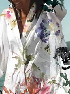 Women's Shirt Dress Casual Dress Swing Dress Mini Dress Outdoor Daily Vacation Polyester Fashion Casual Shirt Collar Button Print Long Sleeve Summer Spring Fall 2023 Loose Fit White Leaf S M L XL 2XL -Casual Print Dress Sales julvjw1678354824152