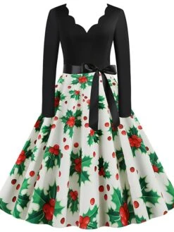 Women's Christmas Retro 1950s Vintage Dress Midi Dress Party Ruched Bow Fruit V Neck Long Sleeve Regular Fit Fall Winter 2023 Deep Green Black S M L XL -Casual Print Dress Sales juqijs1695363825453