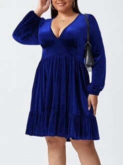 Women‘s Plus Size Curve Party Dress Velvet Dress Cocktail Dress Mini Dress Black Wine Royal Blue Long Sleeve Pure Color Ruched Spring Fall Winter V Neck Fashion Birthday Wedding Guest Vacation 2023 -Casual Print Dress Sales jveosy1692176740560