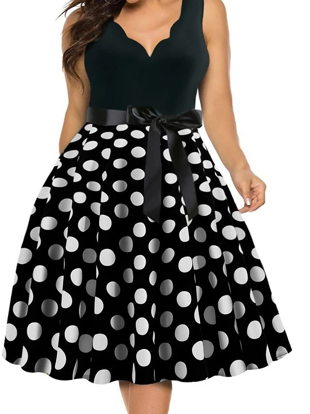 Women's Plus Size Curve Party Dress Polka Dot V Neck Bow Sleeveless Fall Spring Vintage 1950s Elegant Knee Length Dress Formal Party Dress 14 Women's Plus Size Curve Party Dress Polka Dot V Neck Bow Sleeveless Fall Spring Vintage 1950s Elegant Knee Length Dress Formal Party Dress - Image 14