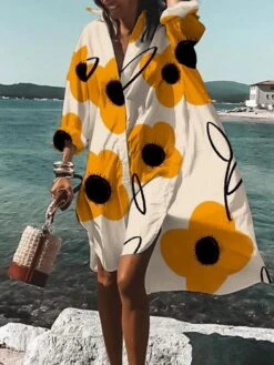 Women's Shirt Dress Casual Dress A Line Dress Midi Dress Winter Dress Daily Holiday Polyester Vacation Stylish Shirt Collar High Low Dress Print Long Sleeve Summer Spring Fall 2022 Loose Fit White -Casual Print Dress Sales jvrsmb1661741105833