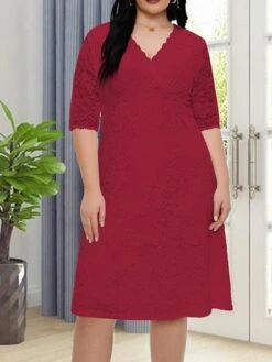 Women‘s Plus Size Curve Party Dress Lace Dress White Dress Solid Color Midi Dress Half Sleeve Lace V Neck Fashion Party White Red Summer Spring XL XXL 3XL 4XL 5XL -Casual Print Dress Sales jvuvjf1681204553854