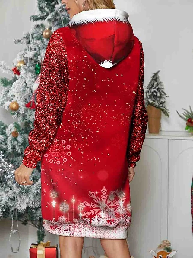 Women's Christmas Dress Casual Dress Mini Dress Warm Fashion Outdoor Christmas Holiday Hoodie Print Snowflake Loose Fit Wine S M L XL XXL 2 Women's Christmas Dress Casual Dress Mini Dress Warm Fashion Outdoor Christmas Holiday Hoodie Print Snowflake Loose Fit Wine S M L XL XXL - Image 2