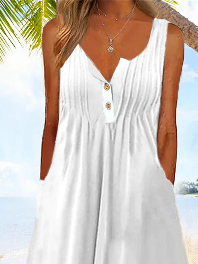 Women's Casual Dress Tank Dress Summer Dress Plain Ruched Button V Neck Midi Dress Fashion Modern Daily Holiday Sleeveless Loose Fit White Summer Spring S M L XL XXL 2 Women's Casual Dress Tank Dress Summer Dress Plain Ruched Button V Neck Midi Dress Fashion Modern Daily Holiday Sleeveless Loose Fit White Summer Spring S M L XL XXL - Image 2