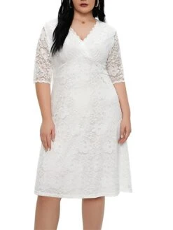 Women‘s Plus Size Curve Party Dress Lace Dress White Dress Solid Color Midi Dress Half Sleeve Lace V Neck Fashion Party White Red Summer Spring XL XXL 3XL 4XL 5XL -Casual Print Dress Sales jwvyzc1681204545737