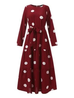 Women's Vintage Dress Kaftan Dress Polka Dot Dress Long Dress Maxi Dress Yellow Wine Navy Blue Long Sleeve Polka Dot Lace Up Spring Fall Winter Crew Neck Muslim Vacation Loose Fit 2023 S M L XL XXL -Casual Print Dress Sales jxvfhx1670928749329