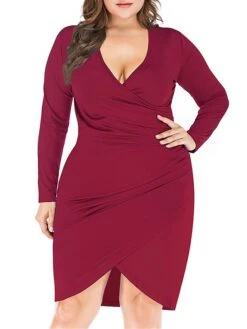 Women‘s Plus Size Curve Work Dress Sheath Dress Semi Formal Dress Fashion Midi Dress Ruched V Neck Long Sleeve Plain Regular Fit Black Wine Blue Fall Winter XL XXL 3XL 4XL 5XL