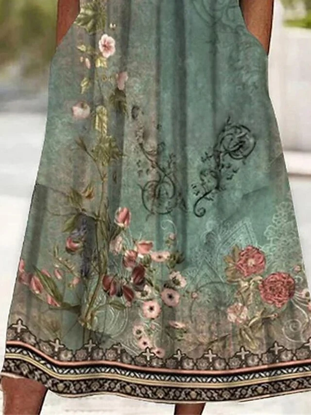 Women's Casual Dress Print Dress Pleated Dress Floral Ruched Pocket Crew Neck Midi Dress Fashion Classic Outdoor Daily 3/4 Length Sleeve Regular Fit Red Blue Green Summer Spring S M L XL XXL 2 Women's Casual Dress Print Dress Pleated Dress Floral Ruched Pocket Crew Neck Midi Dress Fashion Classic Outdoor Daily 3/4 Length Sleeve Regular Fit Red Blue Green Summer Spring S M L XL XXL - Image 2