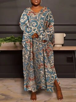 Women's Plus Size Curve Winter Dress Paisley Dress Casual Dress Floral Paisley Long Dress Maxi Dress Long Sleeve Split Print V Neck Fashion Outdoor Black Royal Blue Fall Winter L XL XXL 3XL 4XL -Casual Print Dress Sales jyzmml1693386280346