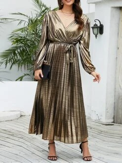 Women's Casual Dress Winter Dress Plain Dress Midi Dress Lace Up Pleated Outdoor Street Daily Fashion Streetwear V Neck Long Sleeve 2023 Loose Fit Yellow Red Purple Color S M L XL XXL Size -Casual Print Dress Sales jzpexi1692868965601