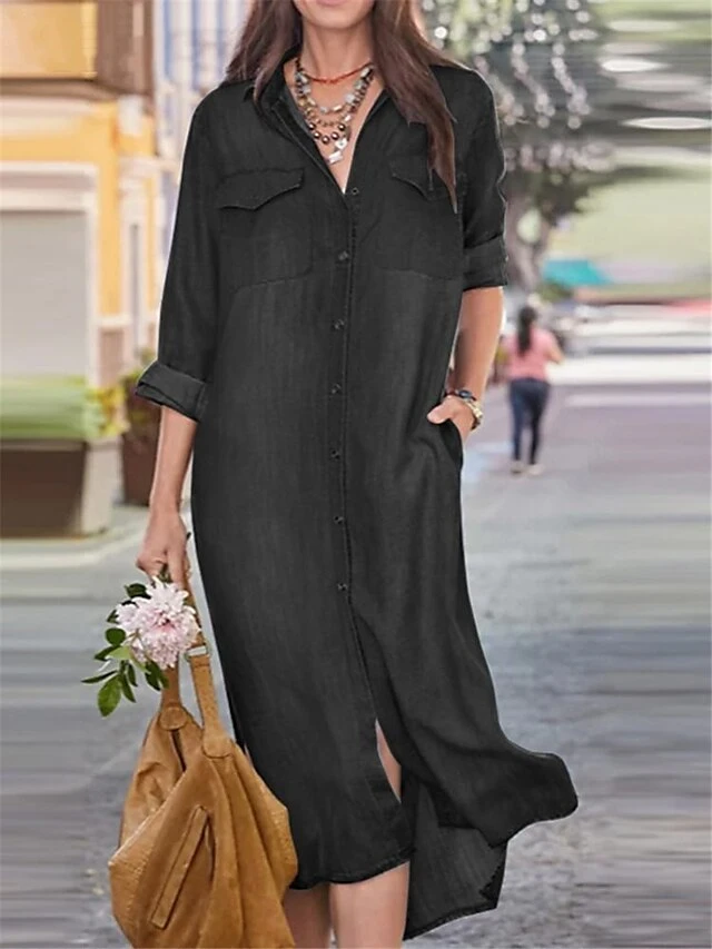 Women's Shirt Dress Casual Dress Midi Dress Outdoor Daily Denim Fashion Modern Shirt Collar Button Pocket Long Sleeve Summer Spring Fall 2023 Loose Fit Black Navy Blue Blue Pure Color S M L XL 2XL 3 Women's Shirt Dress Casual Dress Midi Dress Outdoor Daily Denim Fashion Modern Shirt Collar Button Pocket Long Sleeve Summer Spring Fall 2023 Loose Fit Black Navy Blue Blue Pure Color S M L XL 2XL - Image 3