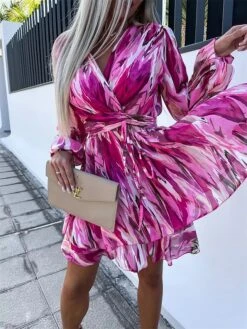 Women's Casual Dress Chiffon Dress Wrap Dress Color Block Stripe Lace Up Print V Neck Mini Dress Fashion Modern Outdoor Daily Long Sleeve Loose Fit Blue Fuchsia Summer Spring S M L XL XXL -Casual Print Dress Sales kabeeh1682563571084