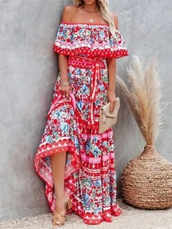 Women's Boho Dress Beach Dress Beach Wear Long Dress Maxi Dress Ruffle Print Boho Casual Floral Off Shoulder Short Sleeve Loose Fit Outdoor Daily Black White 2023 Spring Summer S M L XL
