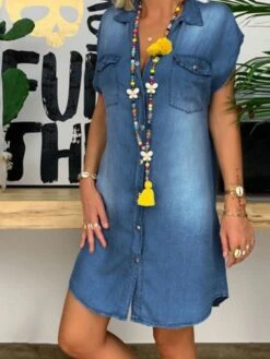 Women's Denim Dress Denim Shirt Dress Midi Dress Denim Elegant Casual Daily Shirt Collar Pocket Short Sleeve Summer Spring Fall 2022 Loose Fit Blue Light Blue Pure Color S M L XL XXL