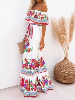 Women's Boho Dress Beach Dress Beach Wear Long Dress Maxi Dress Ruffle Print Boho Casual Floral Off Shoulder Short Sleeve Loose Fit Outdoor Daily Black White 2023 Spring Summer S M L XL -Casual Print Dress Sales kbdckm1675160139363