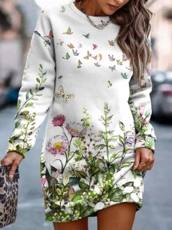 Women's Casual Dress Sweatshirt Dress Winter Dress Floral Print Crew Neck Mini Dress Fashion Streetwear Outdoor Daily Long Sleeve Loose Fit White Red Green Fall Winter S M L XL XXL -Casual Print Dress Sales kbjoqa1693828104785