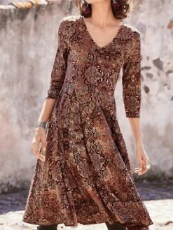 Women's Casual Dress Paisley Dress Ethnic Dress Floral Paisley Print V Neck Midi Dress Vintage Ethnic Outdoor Daily 3/4 Length Sleeve Regular Fit Dark Green Purple Orange Spring Fall S M L XL XXL -Casual Print Dress Sales kbxwpj1692762330083