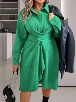 Women's Plus Size Curve Shirt Dress Casual Dress Plain Midi Dress Long Sleeve Ruched Button Shirt Collar Fashion Outdoor Green Fall Winter L XL XXL 3XL 4XL -Casual Print Dress Sales kdlocc1695095379276