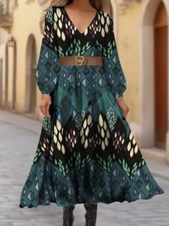 Women's Casual Dress Sheath Dress A Line Dress Graphic Plaid Print V Neck Long Dress Maxi Dress Fashion Streetwear Outdoor Vacation Long Sleeve Regular Fit Green Spring Fall S M L XL XXL