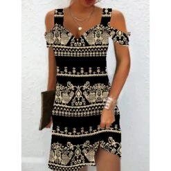 Women's Casual Dress A Line Dress Summer Dress Print Cold Shoulder Print V Neck Mini Dress Active Modern Daily Holiday Short Sleeve Regular Fit Black And White Light Yellow Black Summer Spring S M L -Casual Print Dress Sales kdygpj1683265769276