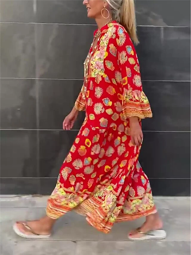 Women's Long Dress Maxi Dress Casual Dress Summer Dress Boho Dress Floral Fashion Bohemian Outdoor Daily Holiday Print Long Sleeve V Neck Dress Loose Fit Red Summer Spring S M L XL XXL 5 Women's Long Dress Maxi Dress Casual Dress Summer Dress Boho Dress Floral Fashion Bohemian Outdoor Daily Holiday Print Long Sleeve V Neck Dress Loose Fit Red Summer Spring S M L XL XXL - Image 5