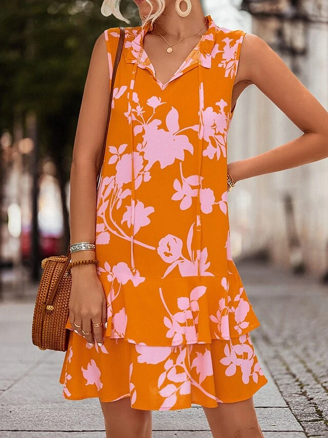 Women's Casual Dress Tank Dress Print Dress Floral Layered Print V Neck Mini Dress Active Fashion Outdoor Daily Sleeveless Regular Fit Fuchsia Orange Spring Summer S M L XL 8 Women's Casual Dress Tank Dress Print Dress Floral Layered Print V Neck Mini Dress Active Fashion Outdoor Daily Sleeveless Regular Fit Fuchsia Orange Spring Summer S M L XL - Image 8