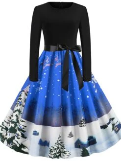 Women's Christmas Knee Length Dress Blue Purple Wine Gray Green Black Red Light Blue Long Sleeve Print Bow Print Fall Winter Round Neck Casual Vintage2021 S M L XL XXL -Casual Print Dress Sales keqnuw1629971949361