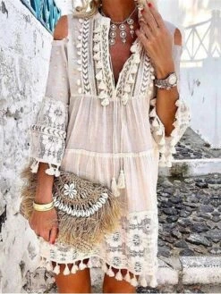 Women's Shift Dress Boho Dress Mini Dress White Yellow Pink 3/4 Length Sleeve Pure Color Tassel Fringe Summer Spring V Neck Vacation Loose Fit 2023 S M L XL XXL 3XL 4XL 5XL -Casual Print Dress Sales kfhauv1657266461990
