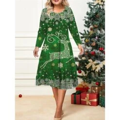 Women's Christmas Plus Size Curve Casual Dress Skater Dress A Line Dress Elk Snowflake Midi Dress Long Sleeve Print Crew Neck Fashion Outdoor Wine Purple Fall Winter L XL XXL 3XL 4XL