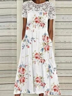 Women's Casual Dress Summer Dress Print Dress Floral Lace Ruched Crew Neck Lace Sleeve Midi Dress Active Fashion Outdoor Daily Short Sleeve Regular Fit White Summer Spring S M L XL XXL