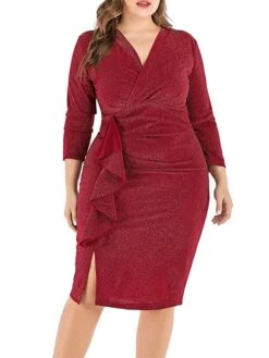 Women‘s Plus Size Curve Work Dress Sheath Dress Semi Formal Dress Fashion Midi Dress Ruffle V Neck Long Sleeve Plain Regular Fit Black Wine Fall Winter XL XXL 3XL 4XL 5XL -Casual Print Dress Sales kftovx1691401476403