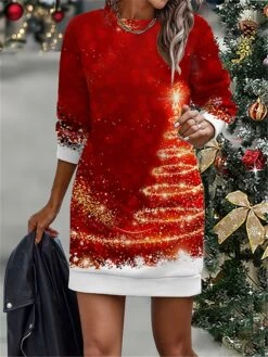 Women's Christmas Dress Casual Dress Mini Dress Warm Fashion Outdoor Christmas Vacation Crew Neck Print Christmas Tree Regular Fit Wine Red Gold S M L XL XXL