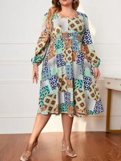 Women's Plus Size Curve Party Dress Wedding Guest Dress Tunic Dress Midi Dress Blue Long Sleeve Geometric Print Spring Fall Winter V Neck Fashion Evening Party Wedding Guest XL XXL 3XL 4XL -Casual Print Dress Sales kgewnk1692942602038