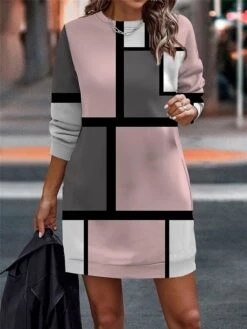 Women's Casual Dress Sweatshirt Dress Mini Dress Warm Fashion Outdoor Vacation Going Out Crew Neck Print Geometric Loose Fit Pink Blue Light Purple S M L XL XXL