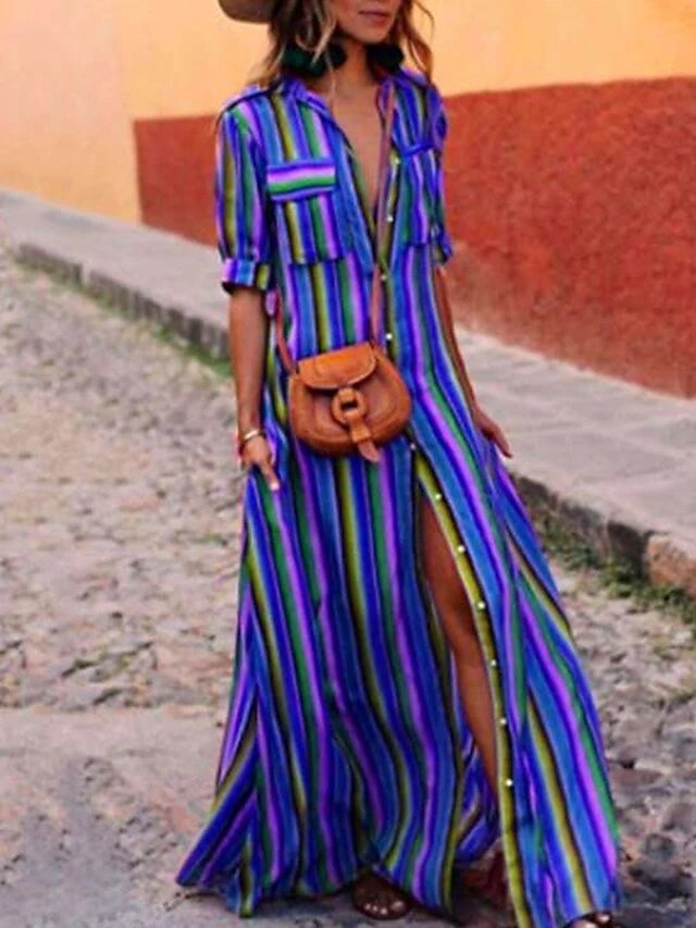 Women's Shirt Dress Casual Dress Swing Dress Maxi Long Dress Outdoor Daily Vacation Polyester Basic Casual Shirt Collar Pocket Split Half Sleeve Summer Spring 2023 Loose Fit Red Blue Purple Striped S 5 Women's Shirt Dress Casual Dress Swing Dress Maxi Long Dress Outdoor Daily Vacation Polyester Basic Casual Shirt Collar Pocket Split Half Sleeve Summer Spring 2023 Loose Fit Red Blue Purple Striped S - Image 5