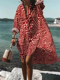 Women's Shirt Dress Casual Dress Swing Dress Midi Dress Daily Holiday Vacation Polyester Stylish Modern Shirt Collar High Low Dress Print Long Sleeve Summer Spring 2022 Loose Fit Black Red Blue -Casual Print Dress Sales khoiqu1660890830938