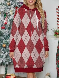 Women's Casual Dress Hoodie Dress Mini Dress Warm Fashion Outdoor Christmas Holiday Hoodie Print Geometric Loose Fit Red S M L XL XXL