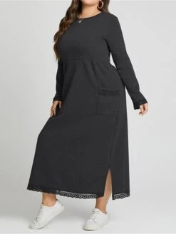 Women's Casual Dress Sweatshirt Dress Winter Dress Long Dress Maxi Dress Ruched Pocket Outdoor Daily Going Out Fashion Streetwear Crew Neck Long Sleeve 2023 Loose Fit Black Wine Purple Color S M L XL -Casual Print Dress Sales kieymy1693813476676