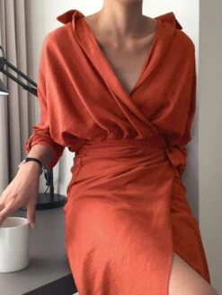Women's Shirt Dress Wrap Dress Midi Dress Brown Dark Blue Beige Long Sleeve Pure Color Lace Summer Spring Deep V Elegant Winter Dress Fall Dress Loose Fit 2023 S M L XL