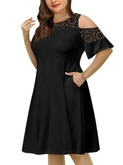 Women‘s Plus Size Curve Casual Dress Solid Color Crew Neck Lace Half Sleeve Fall Spring Casual Knee Length Dress Casual Daily Dress -Casual Print Dress Sales kilnvm1656060137560