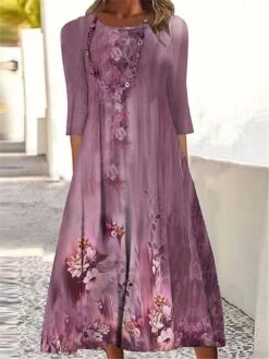 Women's Casual Dress Summer Dress Print Dress Floral Ruched Print Crew Neck Midi Dress Active Fashion Outdoor Daily 3/4 Length Sleeve Regular Fit Dark Green Purple Fuchsia Summer Spring S M L XL XXL -Casual Print Dress Sales kiujsl1690458704500