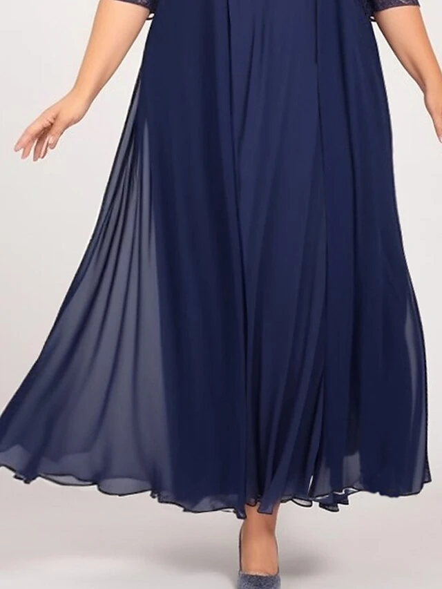 Women's Plus Size Curve Two Piece Dress Set Party Dress Chiffon Dress Party Wedding Guest Fashion Elegant Lace Long Dress Maxi Dress Crew Neck 3/4 Length Sleeve Plain Navy Blue Spring Fall L XL 3 Women's Plus Size Curve Two Piece Dress Set Party Dress Chiffon Dress Party Wedding Guest Fashion Elegant Lace Long Dress Maxi Dress Crew Neck 3/4 Length Sleeve Plain Navy Blue Spring Fall L XL - Image 3