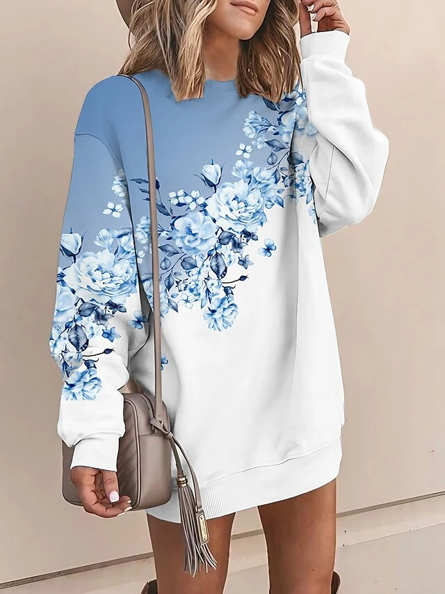 Women's Casual Dress Sweatshirt Dress Mini Dress Warm Fashion Outdoor Vacation Going Out Crew Neck Print Floral Loose Fit Pink Blue Purple S M L XL XXL 1 Women's Casual Dress Sweatshirt Dress Mini Dress Warm Fashion Outdoor Vacation Going Out Crew Neck Print Floral Loose Fit Pink Blue Purple S M L XL XXL